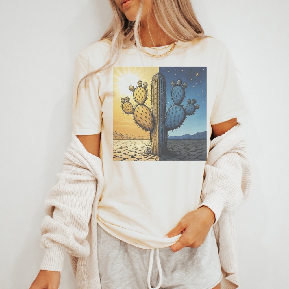 Prickly Pear Cactus Spanning Day and Night Desert Tee